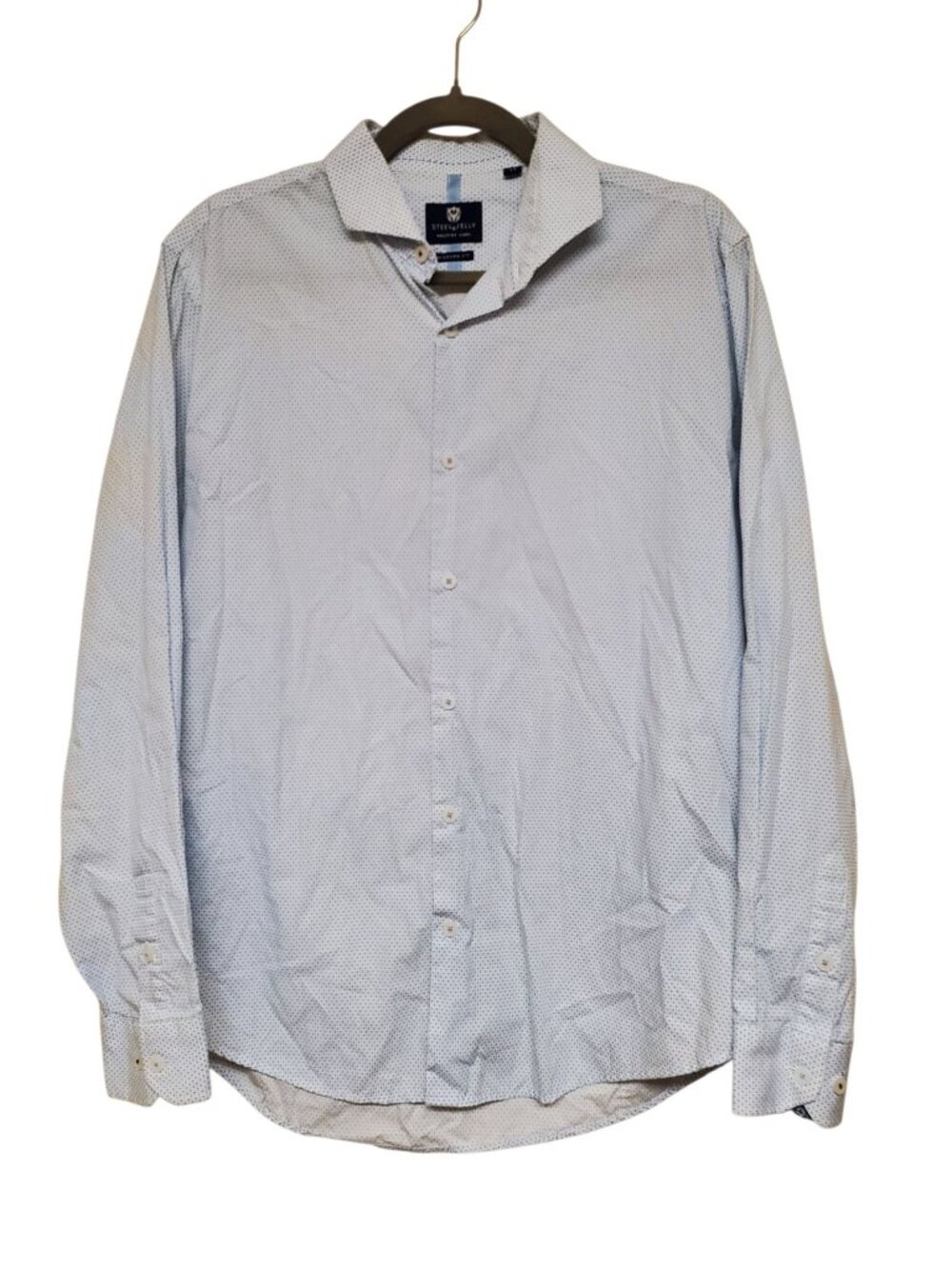 Steel & Jelly Prestige Label Modern White Blue Print Long Sleeve Button Up 17‎